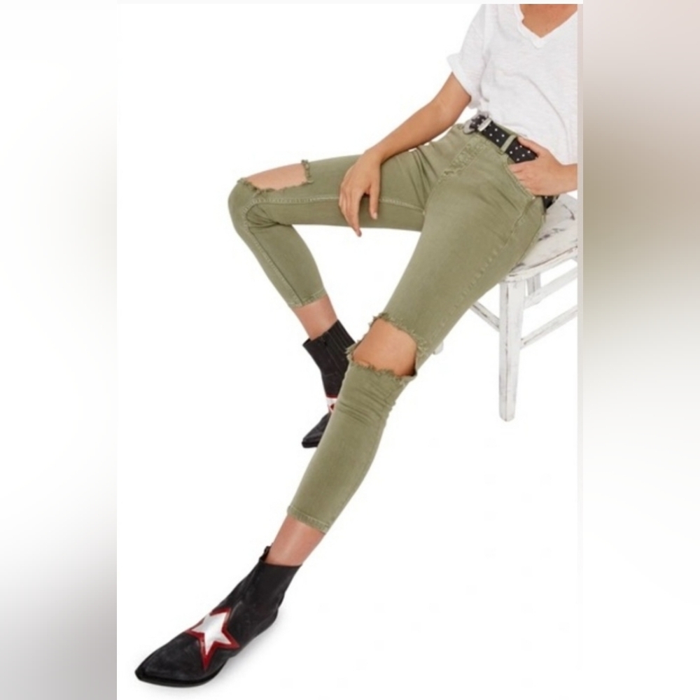 Free People Busted Knee Distressed Skinny Moss Green Jeans sz 26
